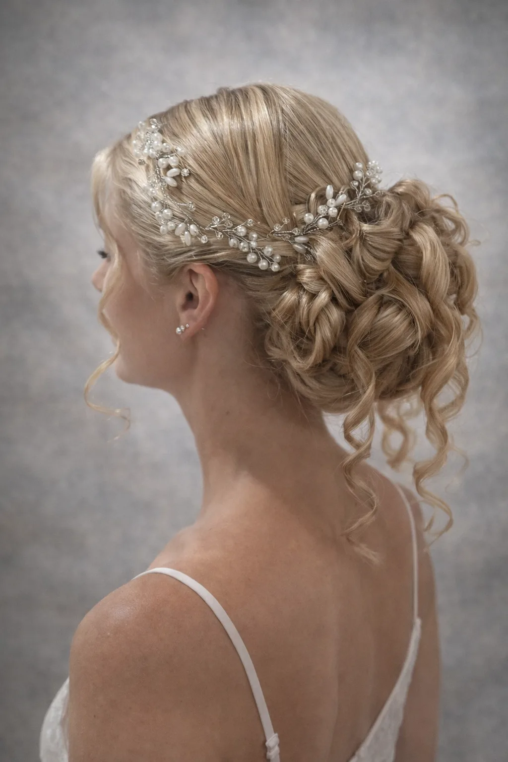 Bridal updo with crystal accessories