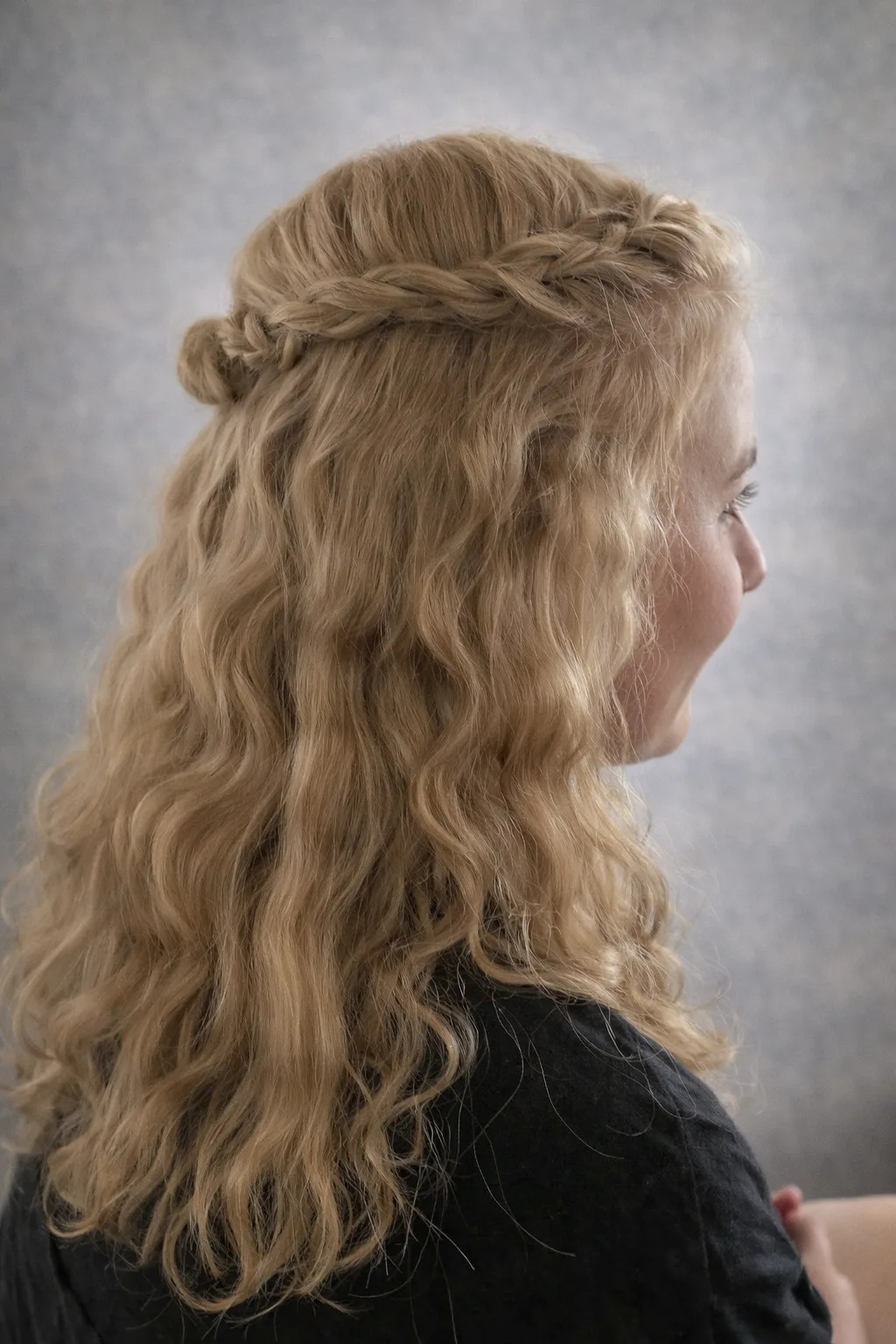 Blonde crown braid with soft curls